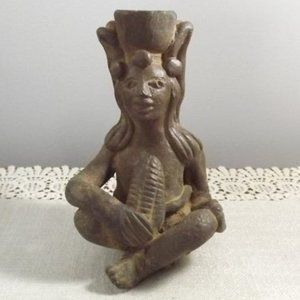 Vintage Seated Primitive Clay Figure with Maize
